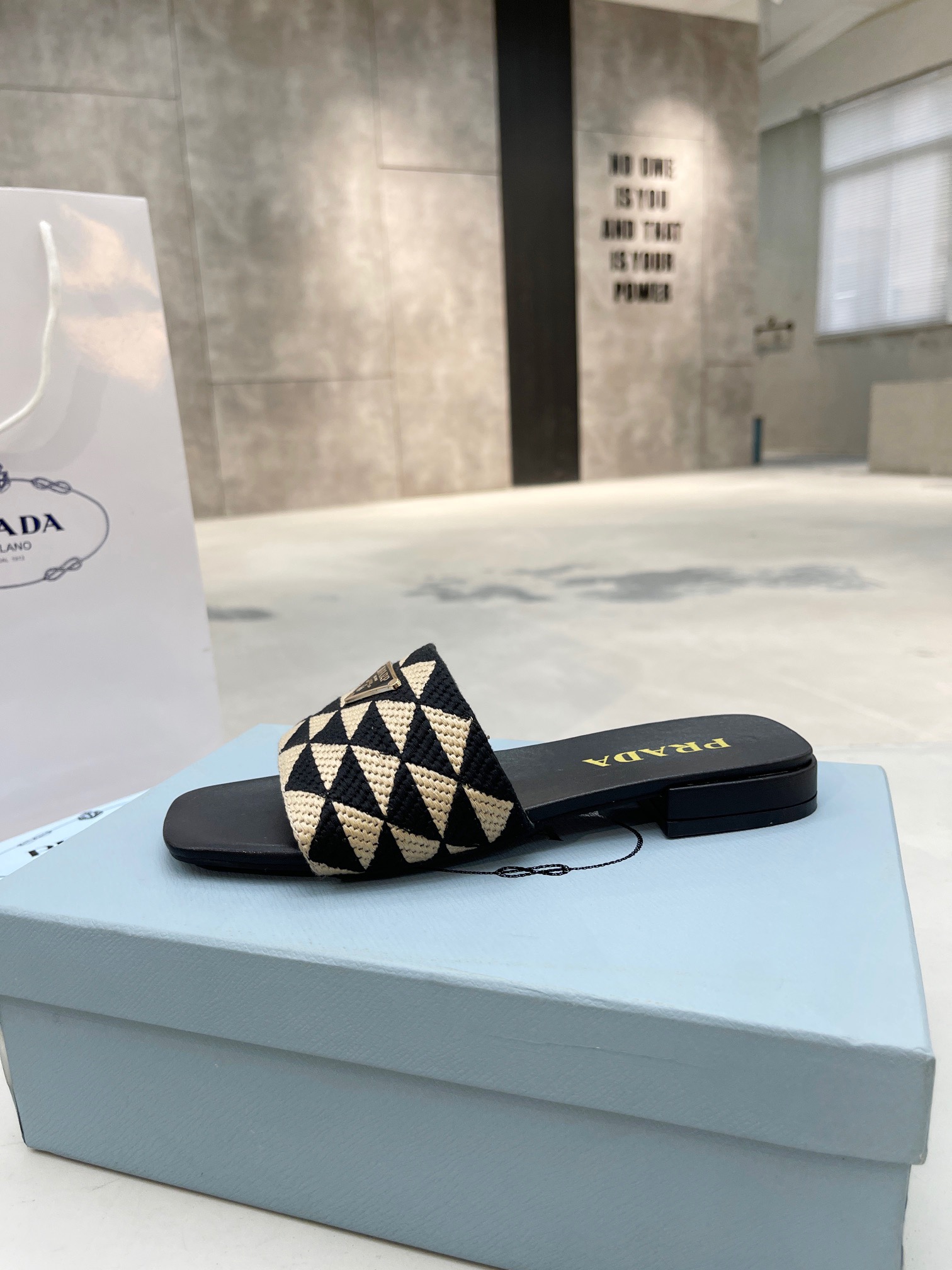 PRADA Triangle printed fabric slippers