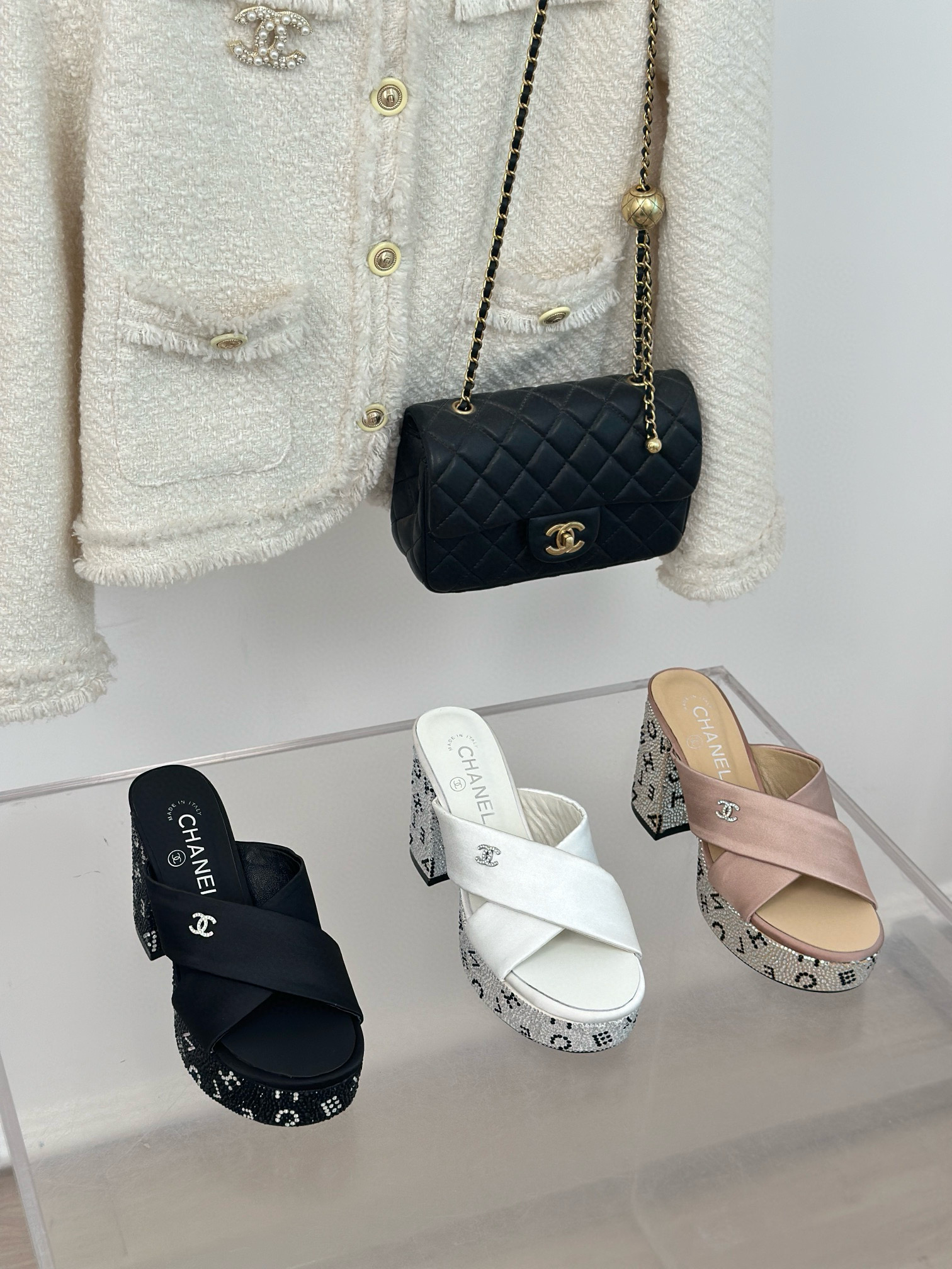 CHANEL Rhinestone cross platform slippers