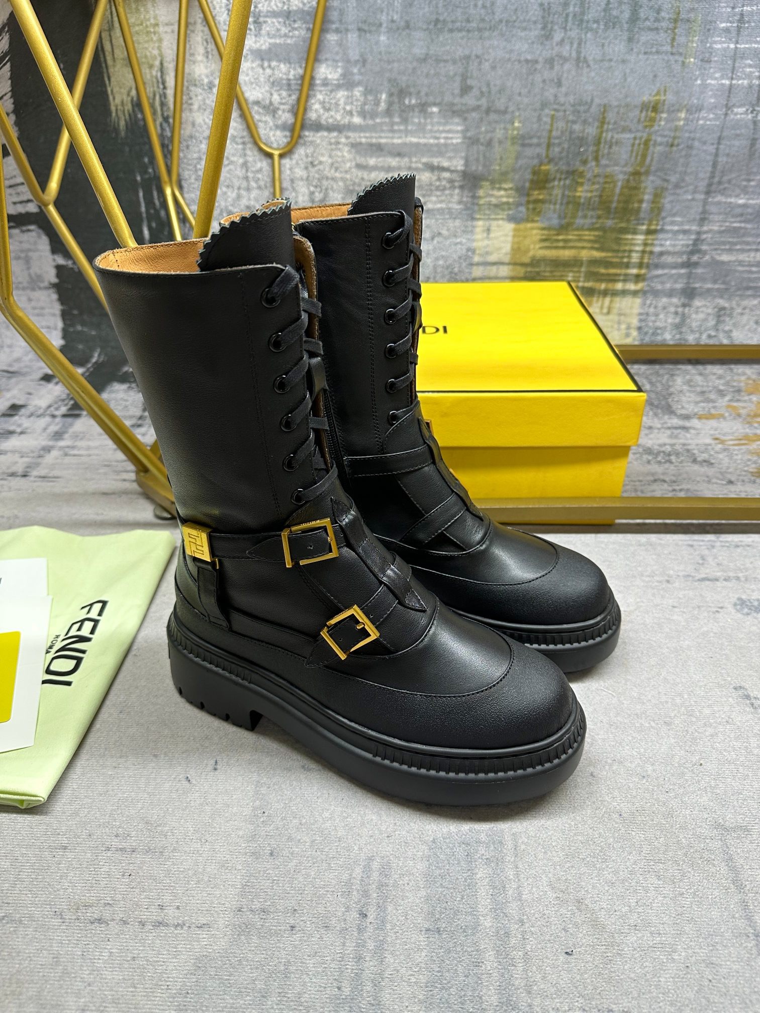 FENDI Delfina Black leather biker boots