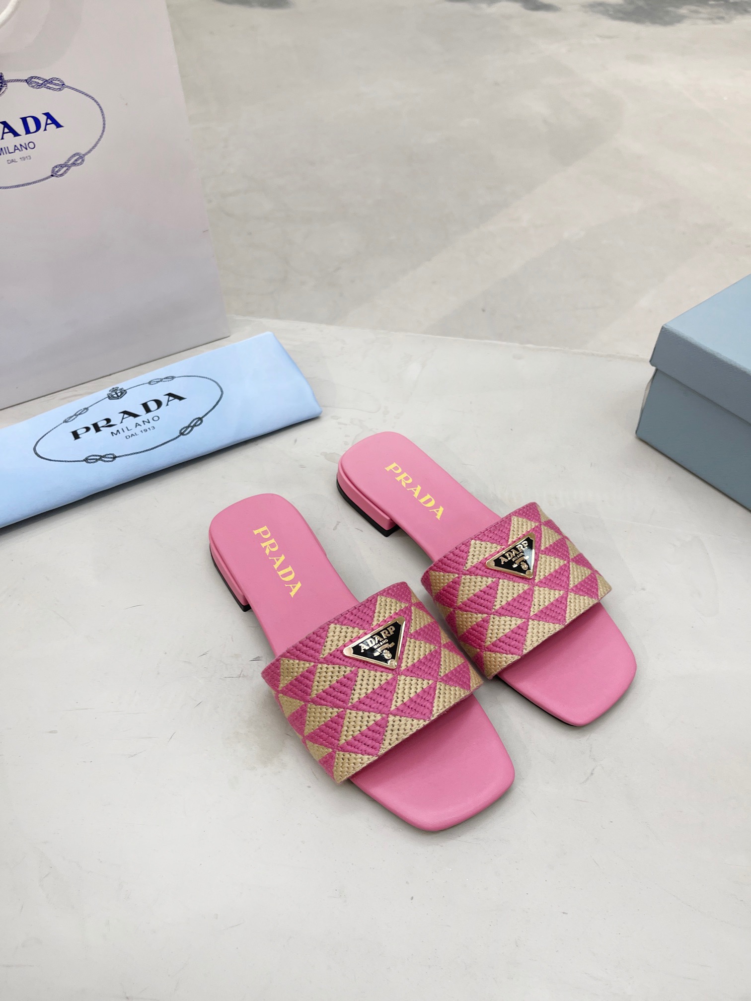 PRADA Triangle printed fabric slippers