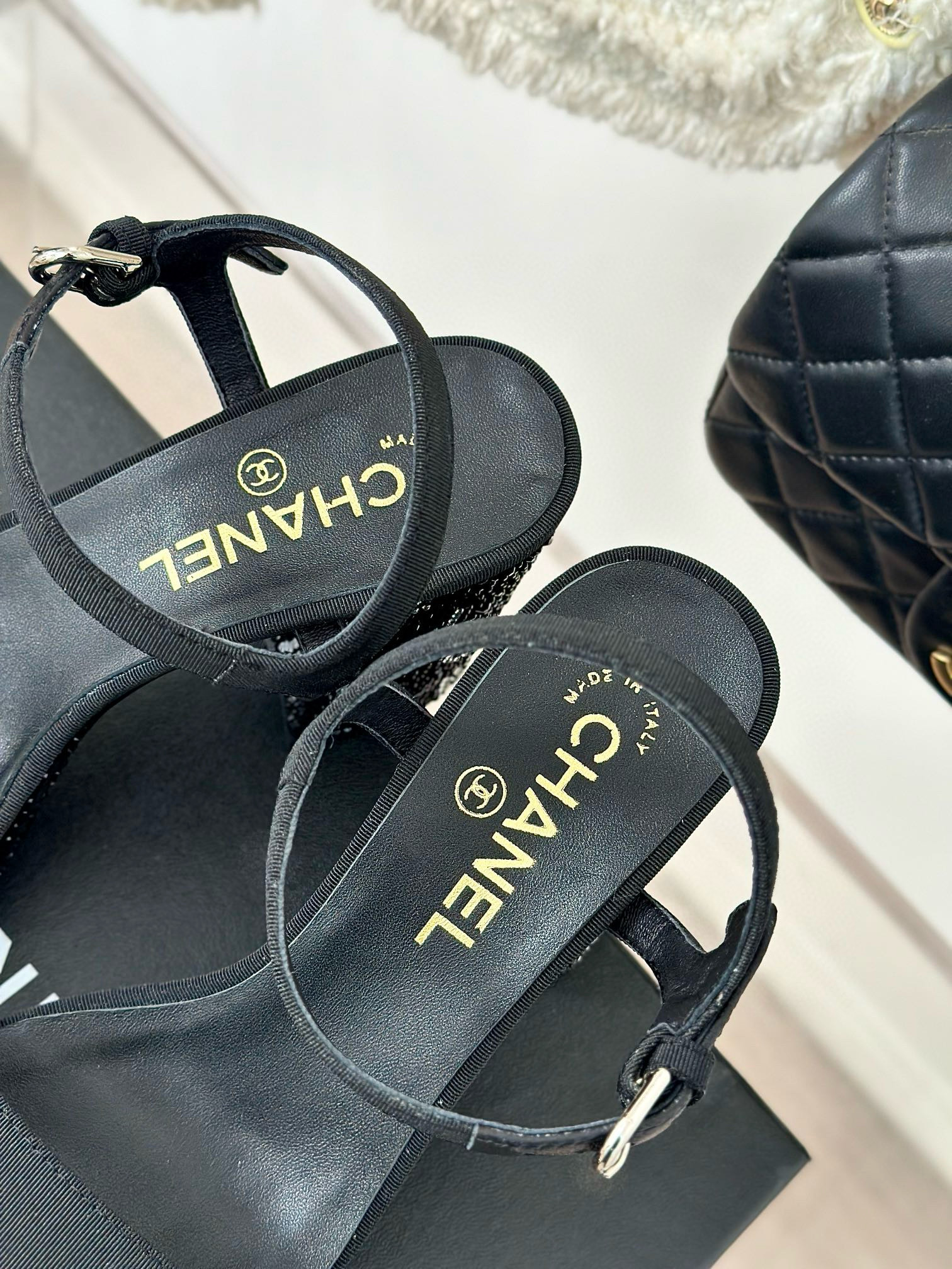 CHANEL Rhinestone Chunky Sandals Heels