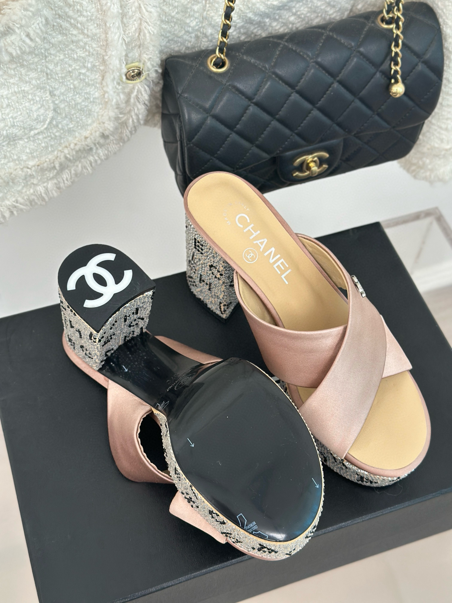 CHANEL Rhinestone cross platform slippers
