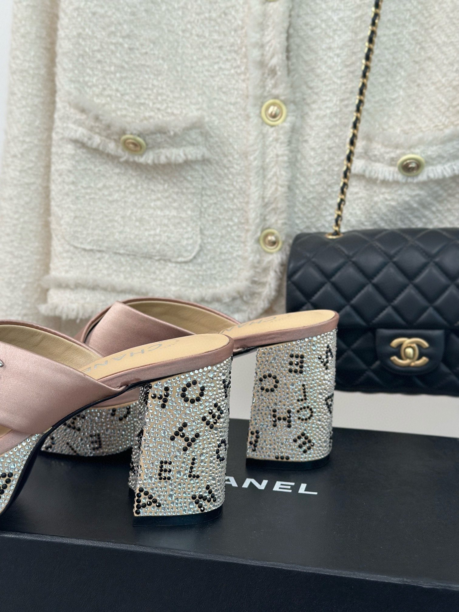 CHANEL Rhinestone cross platform slippers