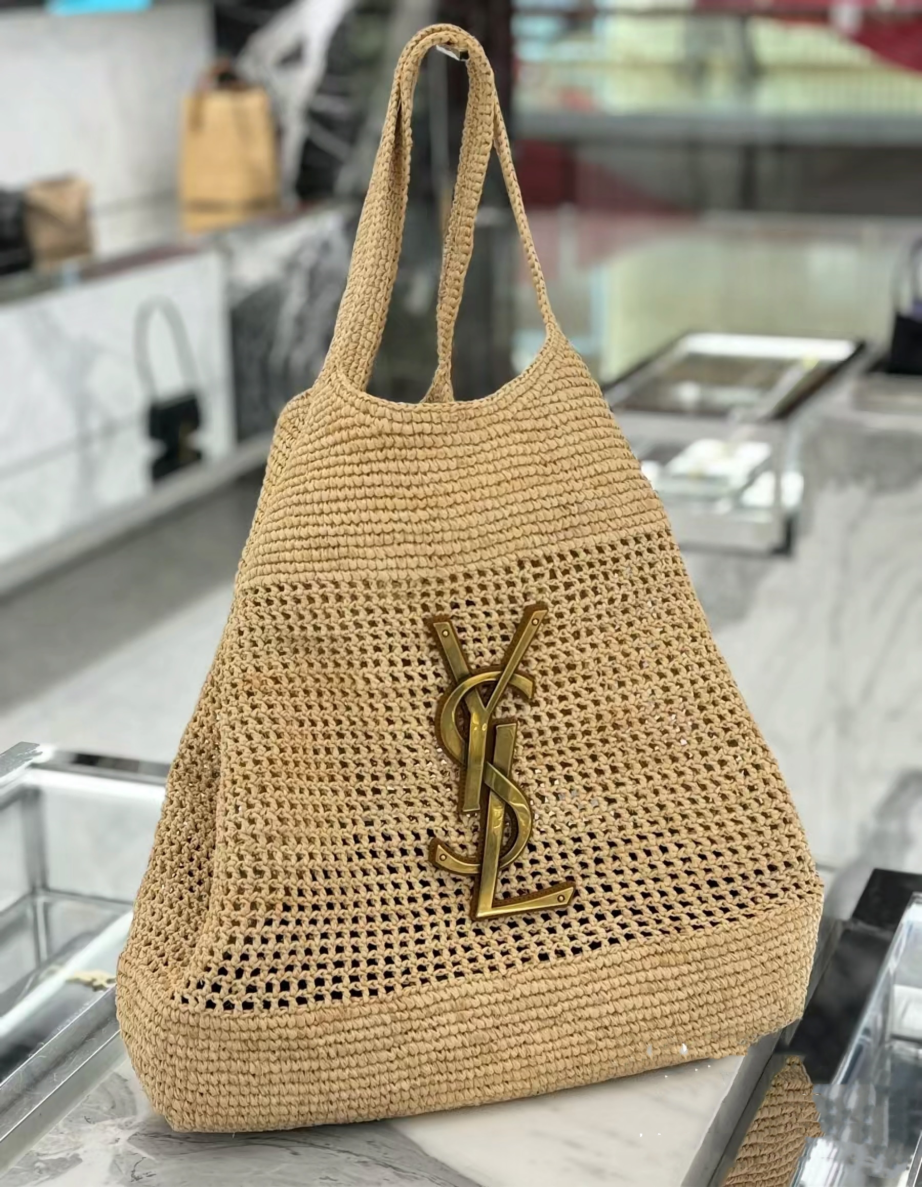 YSL ICARE Raffia crochet shopping bag