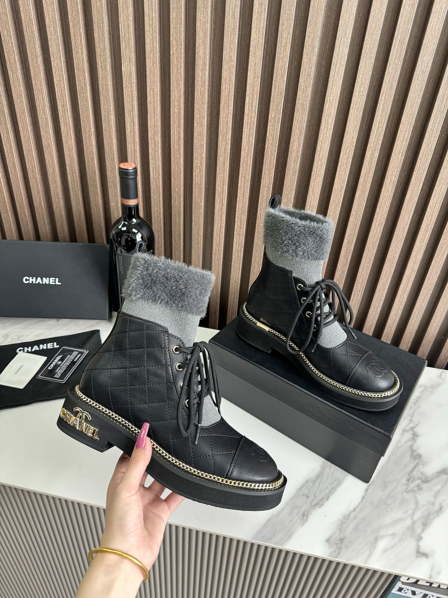 CHANEL ankle boots with fur collar