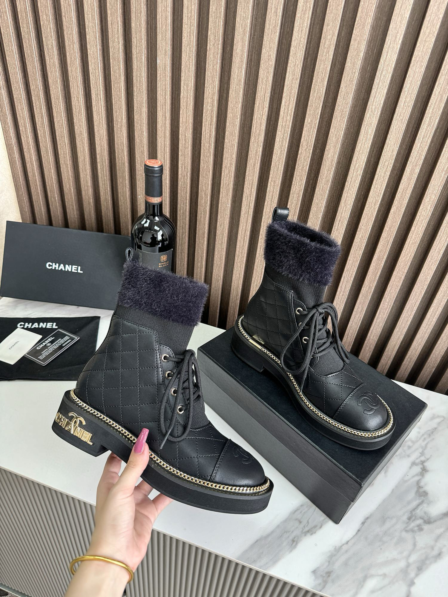 CHANEL ankle boots with fur collar