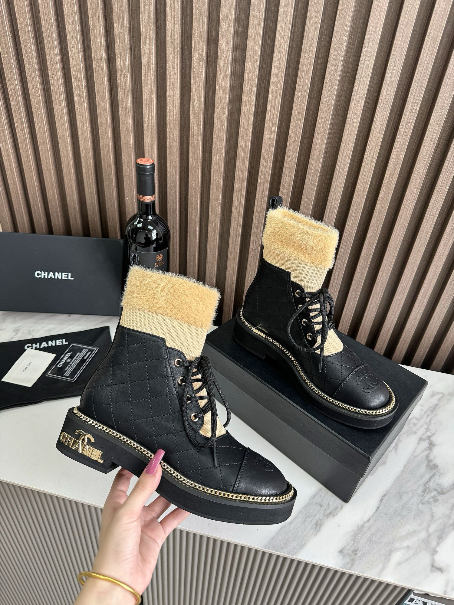 CHANEL ankle boots with fur collar